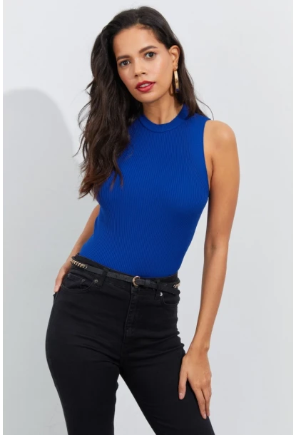 Kadın Saks Bisiklet Yaka Triko Bluz YV91