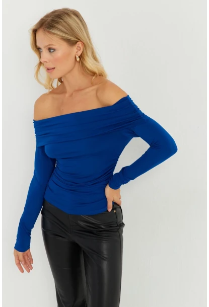 Kadın Saks Büzgülü Madonna Bluz MON1119