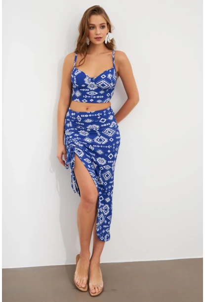 Kadın Saks Büzülebilir Etekli Takım LİT1048