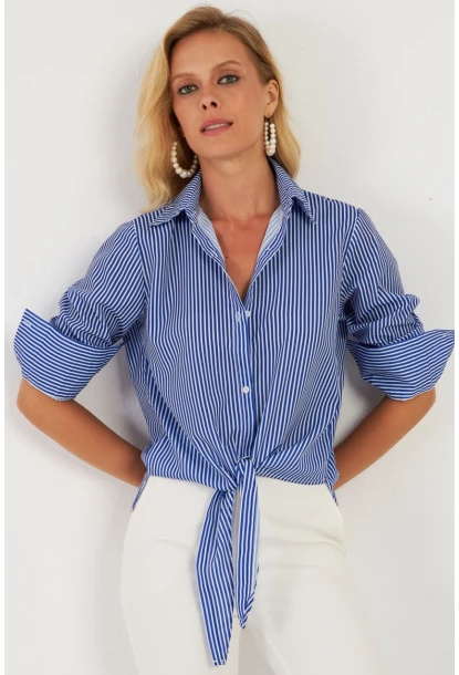 Kadın Saks Çizgili Gömlek ZER408