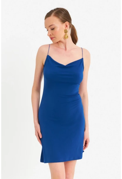 Kadın Saks Degaje Basic Mini Elbise YDF100