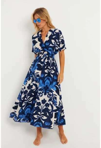 Kadın Saks Desenli Gipeli Midi Elbise YZ1055