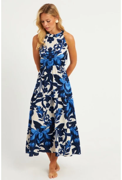 Kadın Saks Desenli Midi Elbise YZ1107