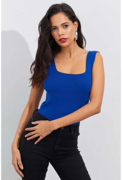 Kadın Saks Kare Yaka Triko Bluz YV87