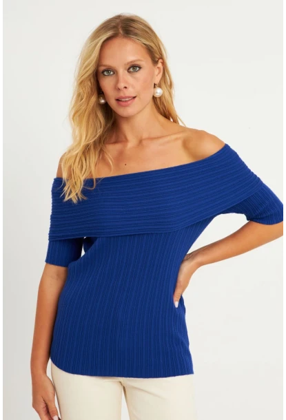 Kadın Saks Madonna Yaka Triko Bluz KZ538