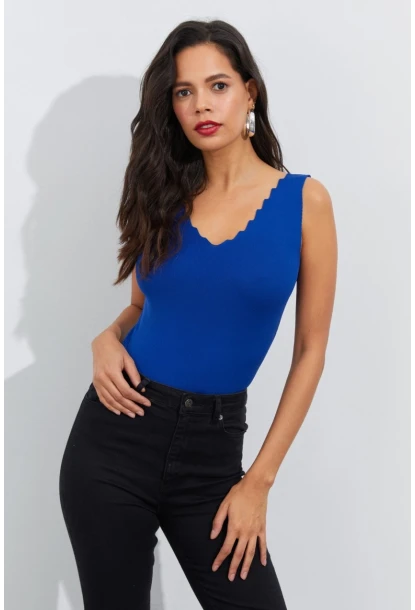 Kadın Saks Merdiven Yaka Triko Bluz YV83