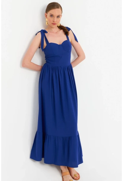 Kadın Saks Pileli Maxi Elbise ERL100