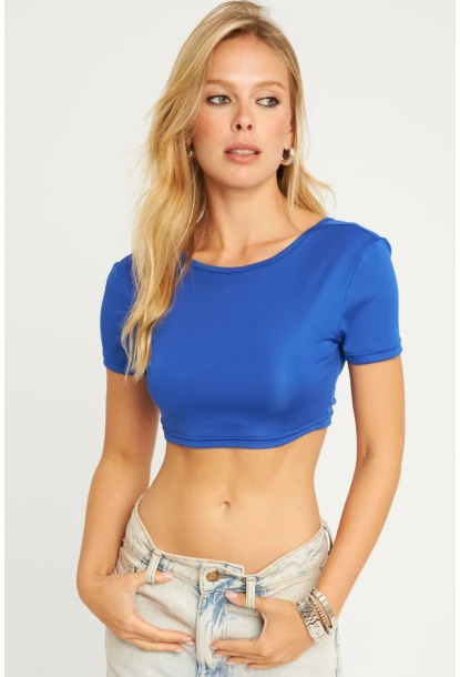 Kadın Saks Sırtı Açık Crop Bluz CG358