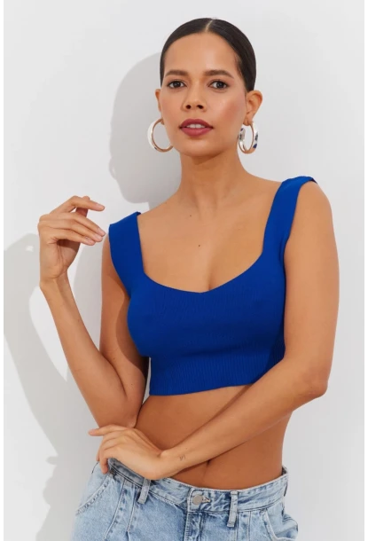 Kadın Saks Triko Crop Atlet YV118