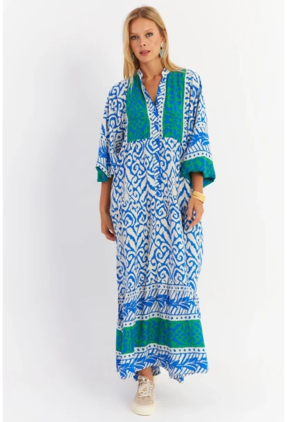 Kadın Saks-Yeşil Volanlı Maxi Elbise MALO11