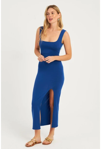 Kadın Saks Yırtmaçlı Midi Elbise  MON1152