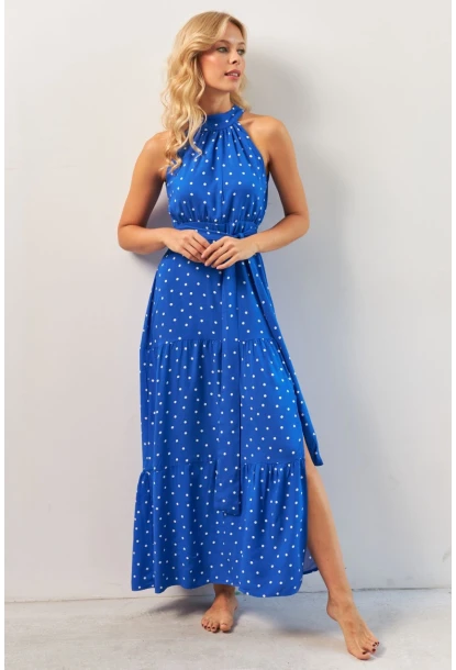 Kadın Saks Yırtmaçlı Puantiyeli Midi Elbise KED4233