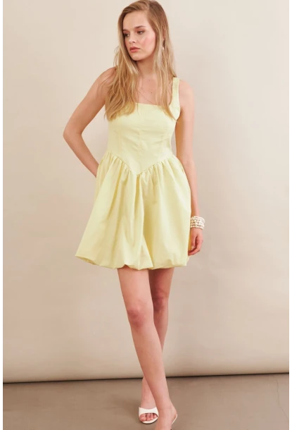 Kadın Sarı Askılı Mini Balon Elbise ERL105