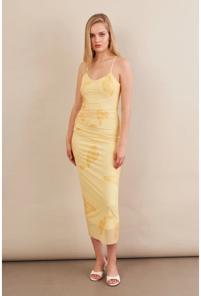Kadın Sarı Astarlı Midi Tül Elbise MRS130