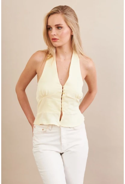 Kadın Sarı Boyun Bağlamalı Keten Yelek FS129