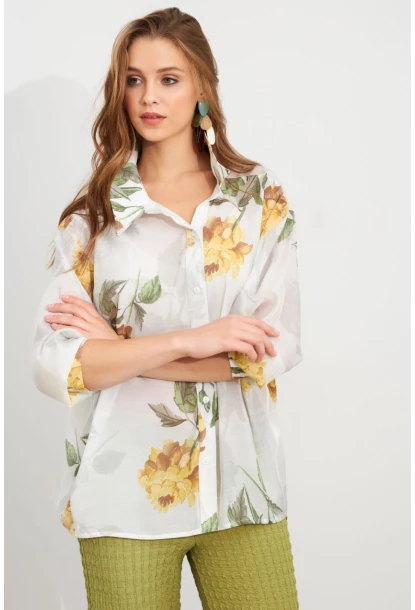 Kadın Sarı Çiçek Desenli İnce Keten Gömlek MCAR1068