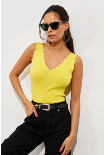 Kadın Sarı Merdiven Yaka Triko Bluz YV83