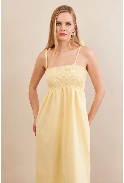 Kadın Sarı Straplez Çizgili Plaj Elbisesi