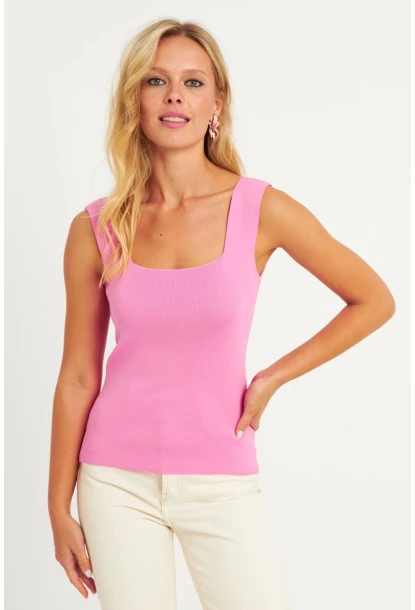 Kadın Şeker Pembe Kare Yaka Triko Bluz YV80