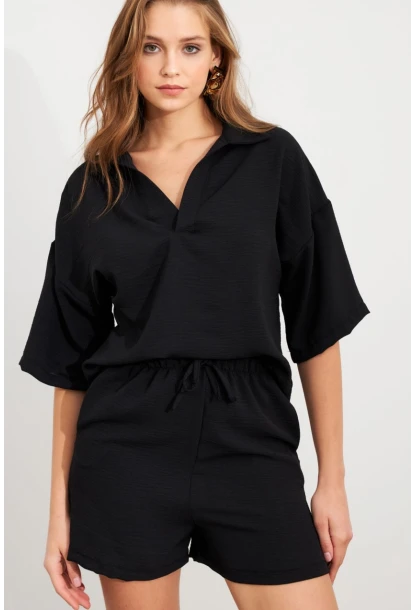 Kadın Siyah Aerobin Şort Takım Q1005