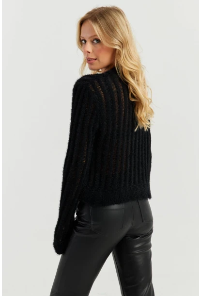 Kadın Siyah Ajurlu Sakallı Triko Bluz KZ532