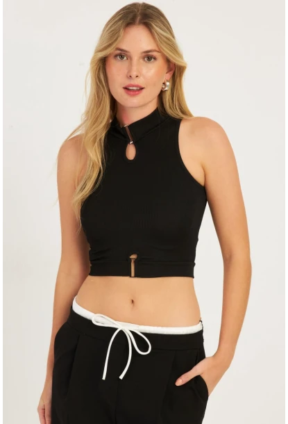 Kadın Siyah Aksesuarlı Crop Bluz CG340