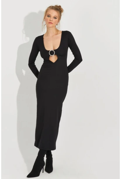 Kadın Siyah Aksesuarlı Midi Elbise EY2591