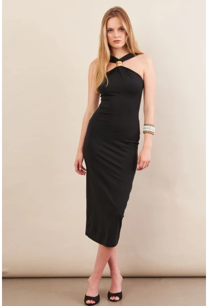 Kadın Siyah Aksesuarlı Midi Elbise İRE101