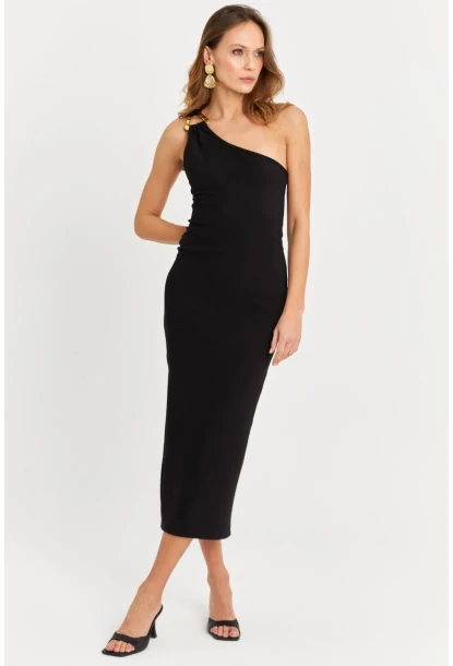 Kadın Siyah Aksesuarlı Tek Omuz Midi Elbise MOD1866
