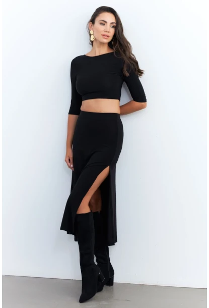 Kadın Siyah Alt Üst Crop Etek Takım ELT3844