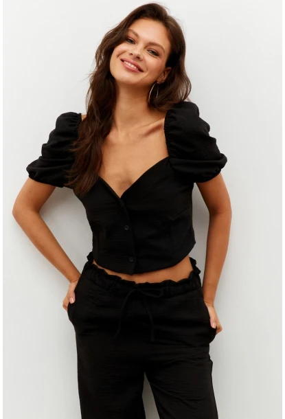 Kadın Siyah Alt-Üst Keten Takım PP7440