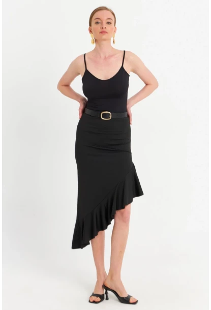 Kadın Siyah Asimetrik Pileli Etek EV741