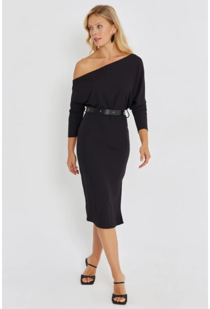 Kadın Siyah Asimetrik Yaka Kemerli Midi Elbise KED4043