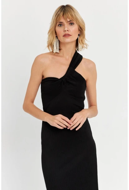 Kadın Siyah Asimetrik Yaka Maxi Elbise NH25455