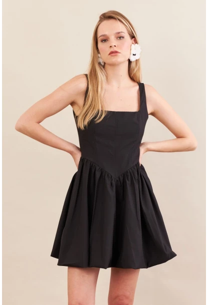 Kadın Siyah Askılı Mini Balon Elbise ERL105