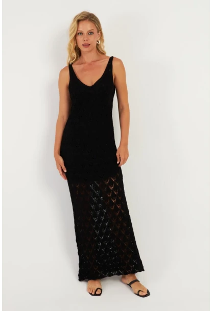 Kadın Siyah Astarlı Triko Maxi Elbise KZ3211