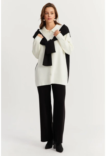 Kadın Siyah Atkılı Triko Hırka Alt Üst Takım NUV20