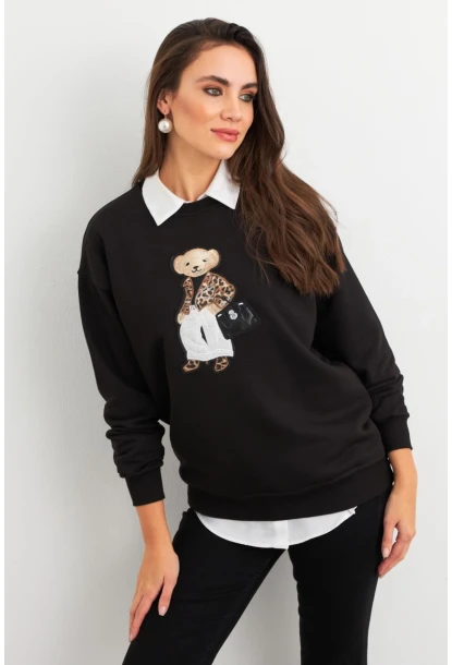 Kadın Siyah Ayıcık Nakışlı Sweatshirt PKA1590