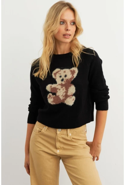 Kadın Siyah Ayıcıklı Kazak MKED7429