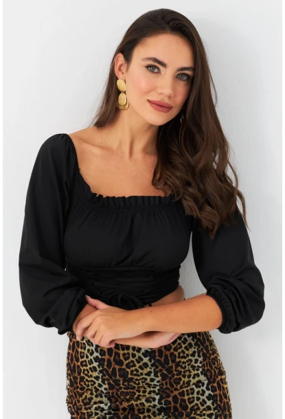 Kadın Siyah Bağlama Detaylı Crop Bluz CG387