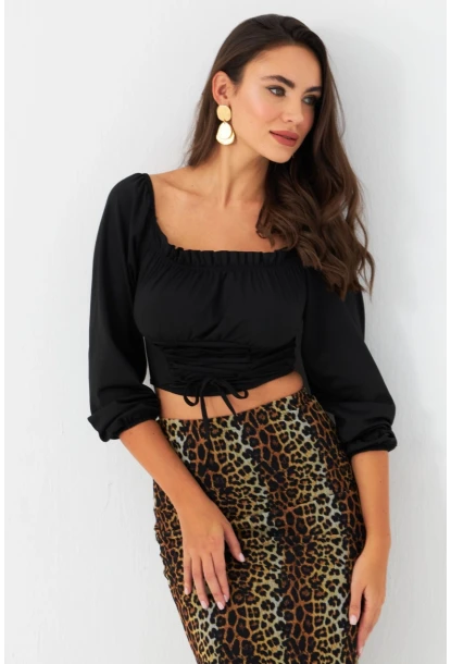 Kadın Siyah Bağlama Detaylı Crop Bluz CG387
