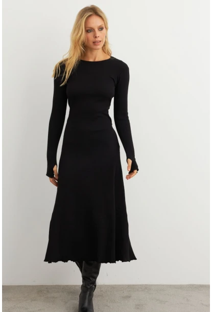 Kadın Siyah Bağlamalı Kaşkorse Midi Elbise MFRY2268