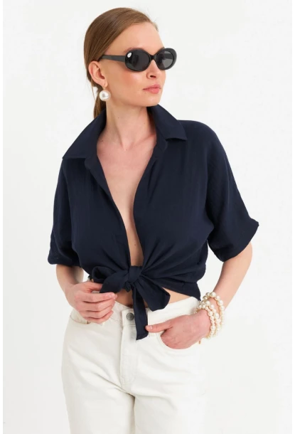 Kadın Siyah Bağlamalı Keten Bluz BTH16
