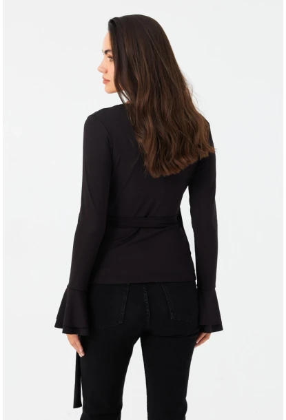 Kadın Siyah Bağlamalı Kruvaze Bluz EY2978