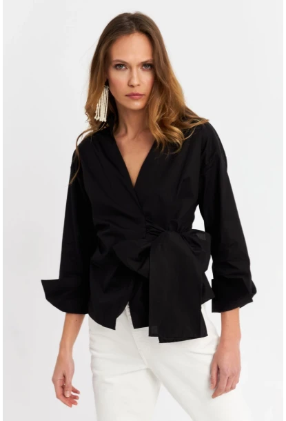 Kadın Siyah Bağlamalı Kruvaze Gömlek MFS9792