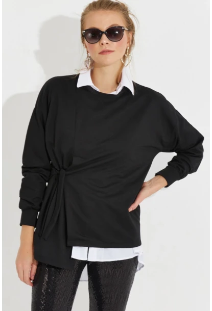 Kadın Siyah Bağlamalı Sweatshirt MYİ2493