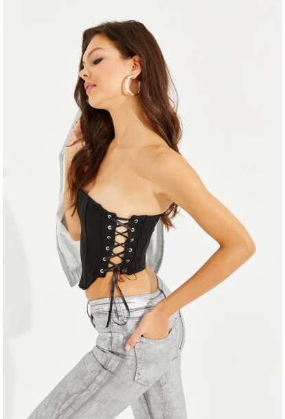 Kadın Siyah Balenli Kuş Gözlü Sırt Fermuarlı Büstiyer YEL82