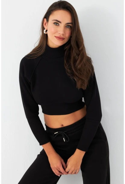 Kadın Siyah Balıkçı Crop Sweatshirt DY1469