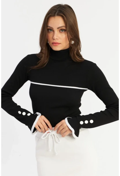 Kadın Siyah Balıkçı Kaşkorse Bluz EY2949