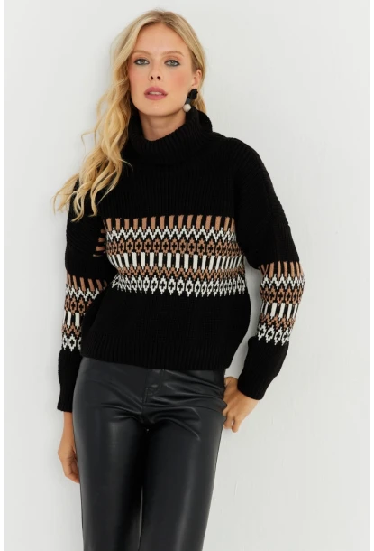 Kadın Siyah Balıkçı Triko Kazak YZ527